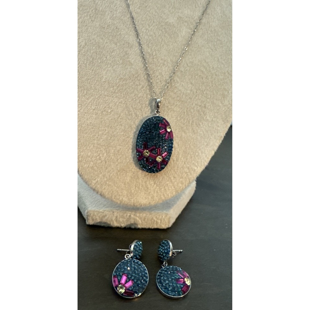 Ralph Lauren 925 Sterling Silver Pink,clear & Teal CZ Floral Pendant + Earrings